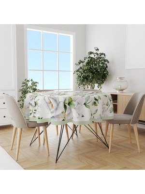 Moud's Yeşil Beyaz Gül Desenli Yuvarlak Süet Dertsiz Masa Örtüsü
