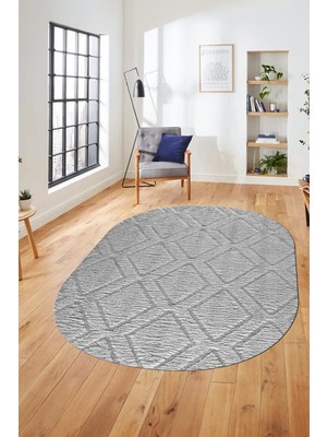 Evdeya Baskılı Kaymaz Taban Yıkanabilir Kilim Desen Oval Yolluk Mutfak Salon Halısı, O-Sade-02-Gri,
