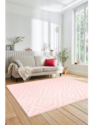 Evdeya Düz Renk Sade Desen Motifli Kaymaz Taban Yıkanabilir Yolluk Salon Halısı, Sade-26-Pembe,