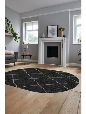 Evdeya Düz Renk Dijital Kaymaz Yıkanabilir Sade Oval Yolluk Mutfak Koridor Salon Halısı, O-Sade-22-Siyah,