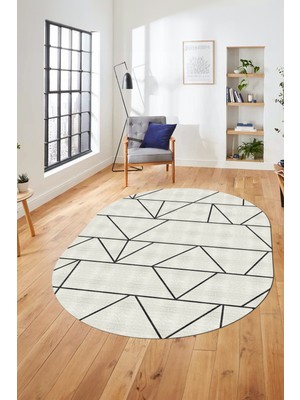 Evdeya Baskılı Kaymaz Taban Yıkanabilir Çizgili Desen Oval Yolluk Mutfak Salon Halısı, O-Sade-06-Krem,