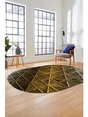 Evdeya 3D Baskılı Kaymaz Taban Yıkanabilir Sade Motifli Oval Yolluk Mutfak Salon Halısı, O-Sade-12-Gold,