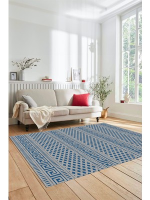 Evdeya Kilim Desenli Dijital Kaymaz Yıkanabilir Sade Yolluk Mutfak Koridor Salon Halısı, Sade-21-Mavi,