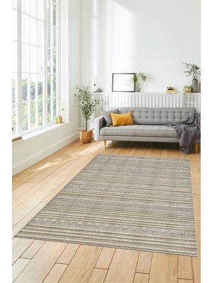 Evdeya Kilim Desenli Sade Motifli Kaymaz Taban Yıkanabilir Yolluk Salon Halısı, Sade-30-Bej,