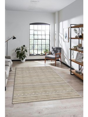 Evdeya Kilim Desenli Sade Motifli Kaymaz Taban Yıkanabilir Yolluk Salon Halısı, Sade-30-Bej,