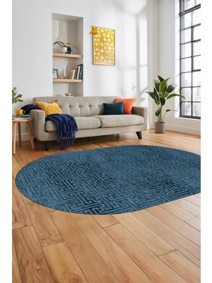 Evdeya Dijital Baskı Kaymaz Yıkanabilir Sade Düz Desen Oval Yolluk Mutfak Salon Halısı, O-Sade-38-Mavi,