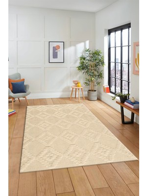 Evdeya Dijital Kaymaz Taban Yıkanabilir Şık Kilim Desen Yolluk Mutfak Salon Halısı, Sade-03-Bej,