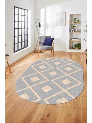 Evdeya Baskılı Kaymaz Taban Yıkanabilir Baklava Desen Oval Yolluk Mutfak Salon Halısı, O-Sade-07-Gri,