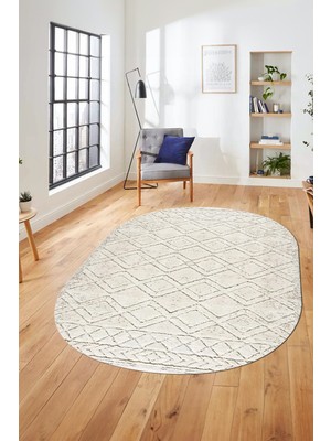 Evdeya 3D Baskılı Kaymaz Taban Yıkanabilir Kilim Desen Oval Yolluk Mutfak Salon Halısı, O-Sade-05-Krem,