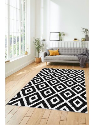 Evdeya Sade Baklava Desen Motifli Kaymaz Taban Yıkanabilir Yolluk Salon Halısı, Sade-27-Siyah,