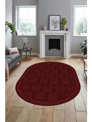 Evdeya Kilim Desenli Dijital Kaymaz Yıkanabilir Sade Oval Yolluk Koridor Salon Halısı, O-Sade-19-Bordo,