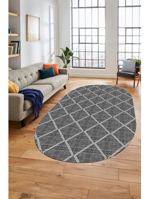 Evdeya Baklava Desenli Sade Motifli Kaymaz Taban Yıkanabilir Oval Yolluk Salon Halısı, O-Sade-29-Gri,