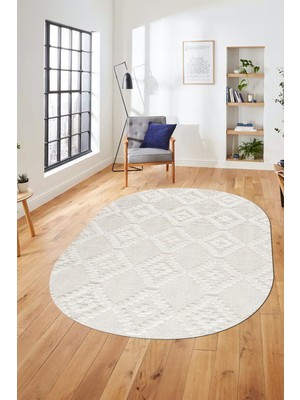 Evdeya Baskılı Kaymaz Taban Yıkanabilir Şık Kilim Desen Oval Yolluk Mutfak Salon Halısı, O-Sade-03-Krem,