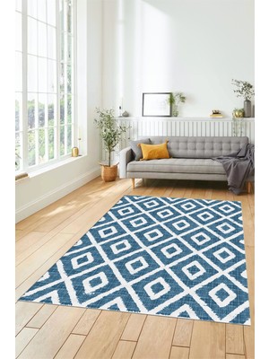 Evdeya Sade Baklava Desen Motifli Kaymaz Taban Yıkanabilir Yolluk Salon Halısı, Sade-27-Mavi,