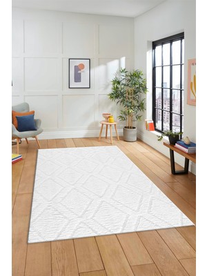 Evdeya Dijital Baskılı Kaymaz Taban Yıkanabilir Kilim Desen Yolluk Mutfak Salon Halısı, Sade-02-Beyaz,