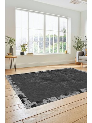 Evdeya Düz Renk Sade Desen Çerçeveli Kaymaz Taban Yıkanabilir Yolluk Salon Halısı Sade-36-Antrasit