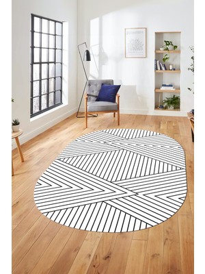 Evdeya Baskılı Kaymaz Taban Yıkanabilir Çizgili Desen Oval Yolluk Mutfak Salon Halısı, O-Sade-08-Beyaz,
