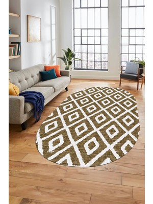 Evdeya Sade Baklava Desen Motifli Kaymaz Taban Yıkanabilir Oval Yolluk Salon Halısı, O-Sade-27-Kahve,