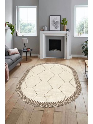 Evdeya Baskılı Kaymaz Taban Yıkanabilir Sade Kilim Desen Oval Yolluk Salon Halısı, O-Sade-17-Krem,