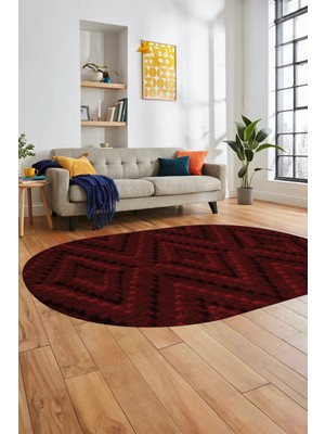 Evdeya Düz Renk Sade Kilim Motifli Dijital Kaymaz Taban Yıkanabilir Oval Salon Halısı, O-Sade-33-Bordo,