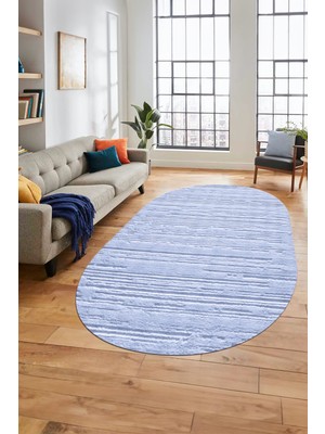 Evdeya Düz Renk Sade Motifli Dijital Kaymaz Taban Yıkanabilir Oval Yolluk Salon Halısı, O-Sade-32-Mavi,