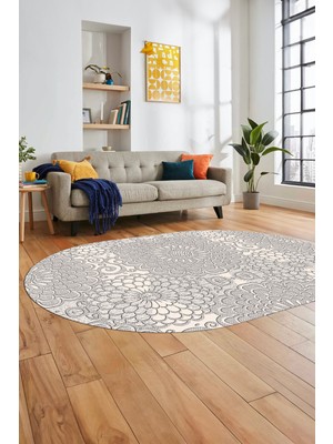 Evdeya Düz Renk Sade Motifli Dijital Kaymaz Taban Yıkanabilir Oval Yolluk Salon Halısı, O-Sade-34-Krem,