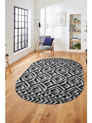 Evdeya 3D Baskılı Kaymaz Taban Yıkanabilir Kilim Desen Oval Yolluk Mutfak Salon Halısı, O-Sade-04-Antrasit,
