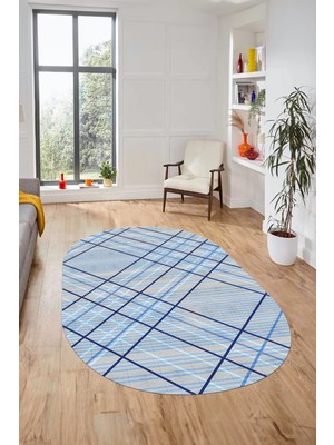 Evdeya Dijital Baskı Kaymaz Yıkanabilir Sade Çizgili Oval Yolluk Mutfak Salon Halısı, O-Sade-39-Mavi,