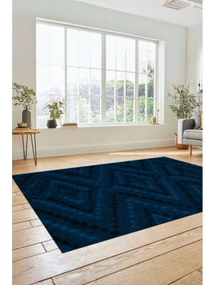 Evdeya Düz Renk Sade Kilim Motifli Dijital Kaymaz Taban Yıkanabilir Yolluk Salon Halısı, Sade-33-Mavi,