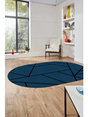 Evdeya Dijital Baskı Kaymaz Yıkanabilir Sade Çizgili Oval Yolluk Koridor Salon Halısı, O-Sade-50-Mavi,