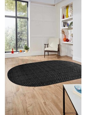 Evdeya Dijital Baskı Kaymaz Yıkanabilir Sade Desen Oval Yolluk Koridor Salon Halısı, O-Sade-47-Antrasit,