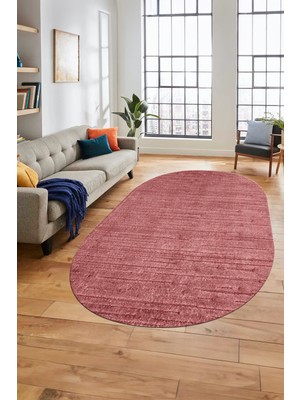 Evdeya Düz Renk Sade Motifli Dijital Kaymaz Taban Yıkanabilir Oval Yolluk Salon Halısı, O-Sade-31-Pembe,