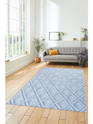 Evdeya Sade Baklava Desen Motifli Kaymaz Taban Yıkanabilir Yolluk Salon Halısı, Sade-28-Mavi,