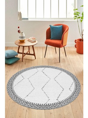 Evdeya Dijital Kaymaz Taban Yıkanabilir Sade Kilim Desen Yuvarlak Mutfak Salon Halısı, Y-Sade-17-Gri,