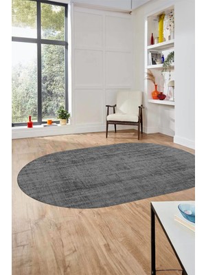 Evdeya Dijital Baskı Kaymaz Yıkanabilir Sade Düz Renk Tasarım Oval Yolluk Salon Halısı, O-Sade-45-Gri,
