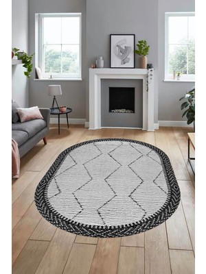Evdeya Baskılı Kaymaz Taban Yıkanabilir Sade Kilim Desen Oval Yolluk Salon Halısı, O-Sade-17-Siyah,