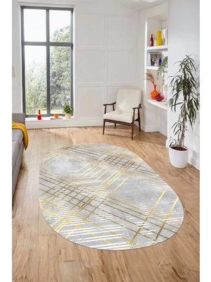 Evdeya Dijital Baskı Kaymaz Yıkanabilir Sade Çizgili Oval Yolluk Mutfak Salon Halısı, O-Sade-39-Gold,