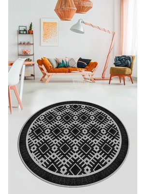 Evdeya Kilim Desenli Dijital Kaymaz Yıkanabilir Sade Yuvarlak Mutfak Salon Halısı, Y-Sade-19-Siyah,