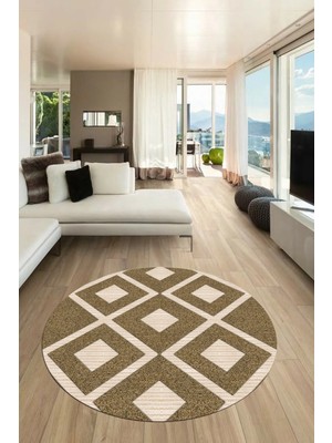 Evdeya Dijital Kaymaz Taban Yıkanabilir Baklava Desen Yuvarlak Mutfak Salon Halısı, Y-Sade-07-Kahve,