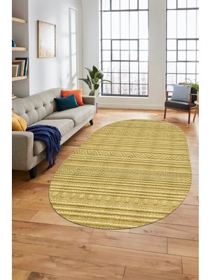 Evdeya Kilim Desenli Sade Motifli Kaymaz Taban Yıkanabilir Oval Yolluk Salon Halısı, O-Sade-30-Sarı,