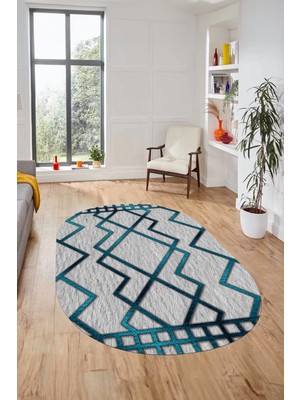 Evdeya Dijital Baskı Kaymaz Yıkanabilir Sade Tasarım Oval Yolluk Mutfak Salon Halısı, O-Sade-42-Mavi,