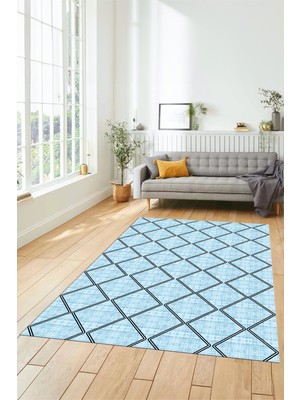 Evdeya Baklava Desenli Sade Motifli Kaymaz Taban Yıkanabilir Yolluk Salon Halısı, Sade-29-Mavi,
