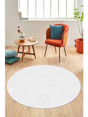 Evdeya Dijital Kaymaz Taban Yıkanabilir Sade Düz Renk Yuvarlak Mutfak Salon Halısı, Y-Sade-15-Beyaz,