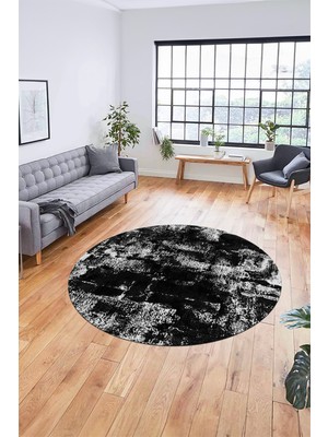 Evdeya Düz Renk Sade Desen Dijital Kaymaz Taban Yıkanabilir Yuvarlak Salon Halısı, Y-Sade-25-Siyah,