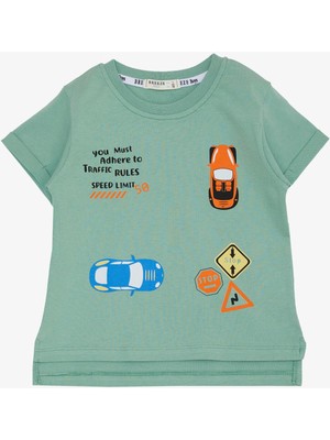 Breeze Erkek Çocuk Tişört Slogan Temalı Araba Baskılı 2-6 Yaş, Mint Yeşili