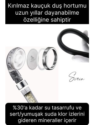 Svein Premium Duş Seti 3 Fonksiyonlu Tasarruflu Başlık Esnek Kırılmaz Çatlamaz Paslanmaz Sızdırmaz Hortum