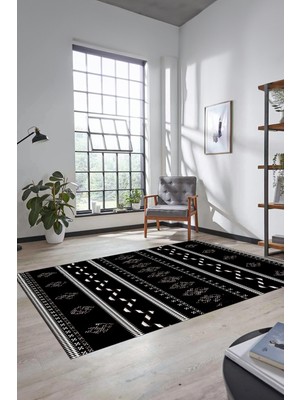 Evdeya Dijital Kaymaz Yıkanabilir Iskandinav Tasarım Mutfak Yolluk Salon Halısı, Iskandinav-27-Siyah,