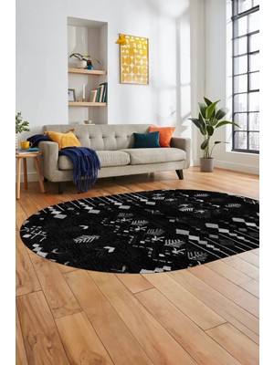 Evdeya Iskandinav Desen Modern Kaymaz Yıkanabilir Oval Yolluk Mutfak Salon Halısı, O-Iskandinav-24-Siyah,