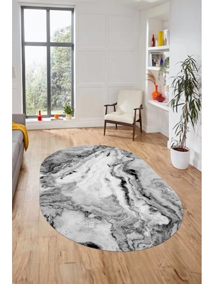 Evdeya Modern Mermer Desen Kaymaz Yıkanabilir Oval Yolluk Mutfak Koridor Salon Halısı, O-Mermer-26-Siyah,