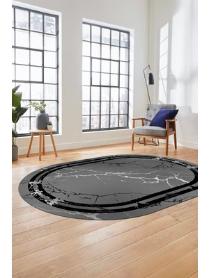 Evdeya Baskılı Kaymaz Yıkanabilir Mermer Desen Modern Oval Mutfak Yolluk Salon Halısı, O-Mermer-08-Antrast,